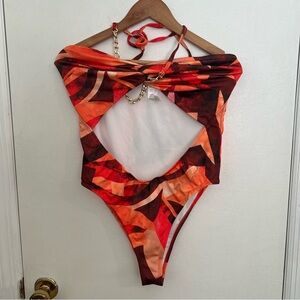 Orange Abstract Cutout Swimsuit
